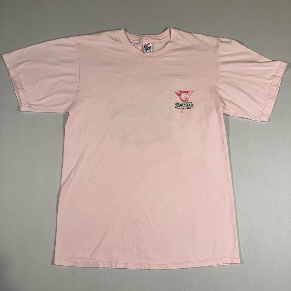 Vtg Shuckers Seafood Bar T Shirt Mens L Pink Cotton Mermaid Graphic Jerzees USA